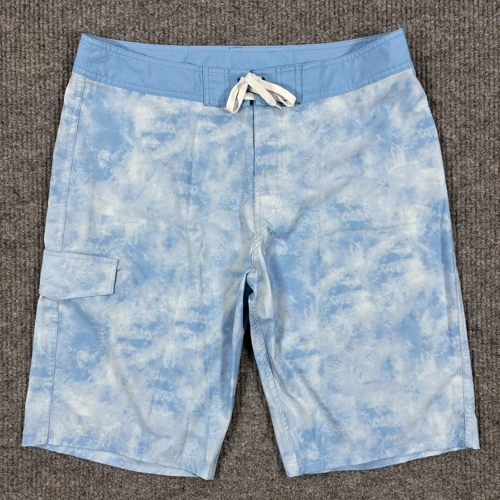 American Tall Board Shorts Mens 38 Blue Tie Dye Cargo Swim Trunks Drawstring